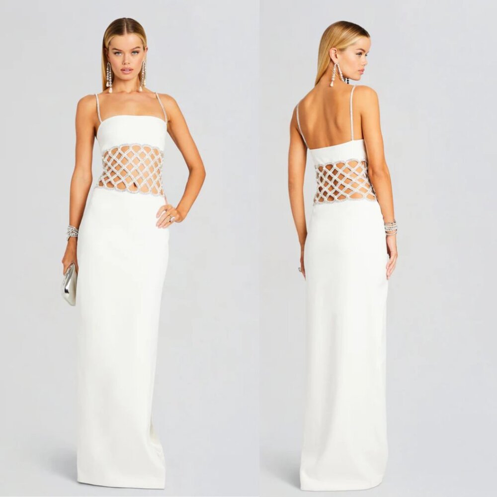 NWT Retrofête Solene Maxi Dress Crystal & Pearl Embellished Cut-Out Square Neck